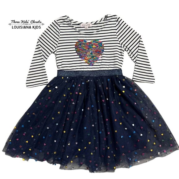 Chenault Girl 4/5Y Striped Flip Sequins Heart Tulle Dress - Picture 1 of 8